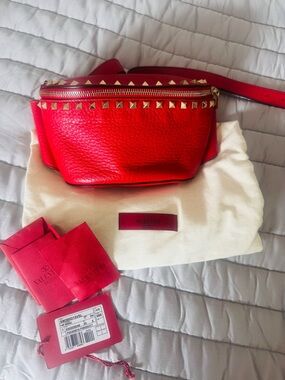 Valentino Red Leather Rockstud Mini Belt Bag with Gold-Tone Studs